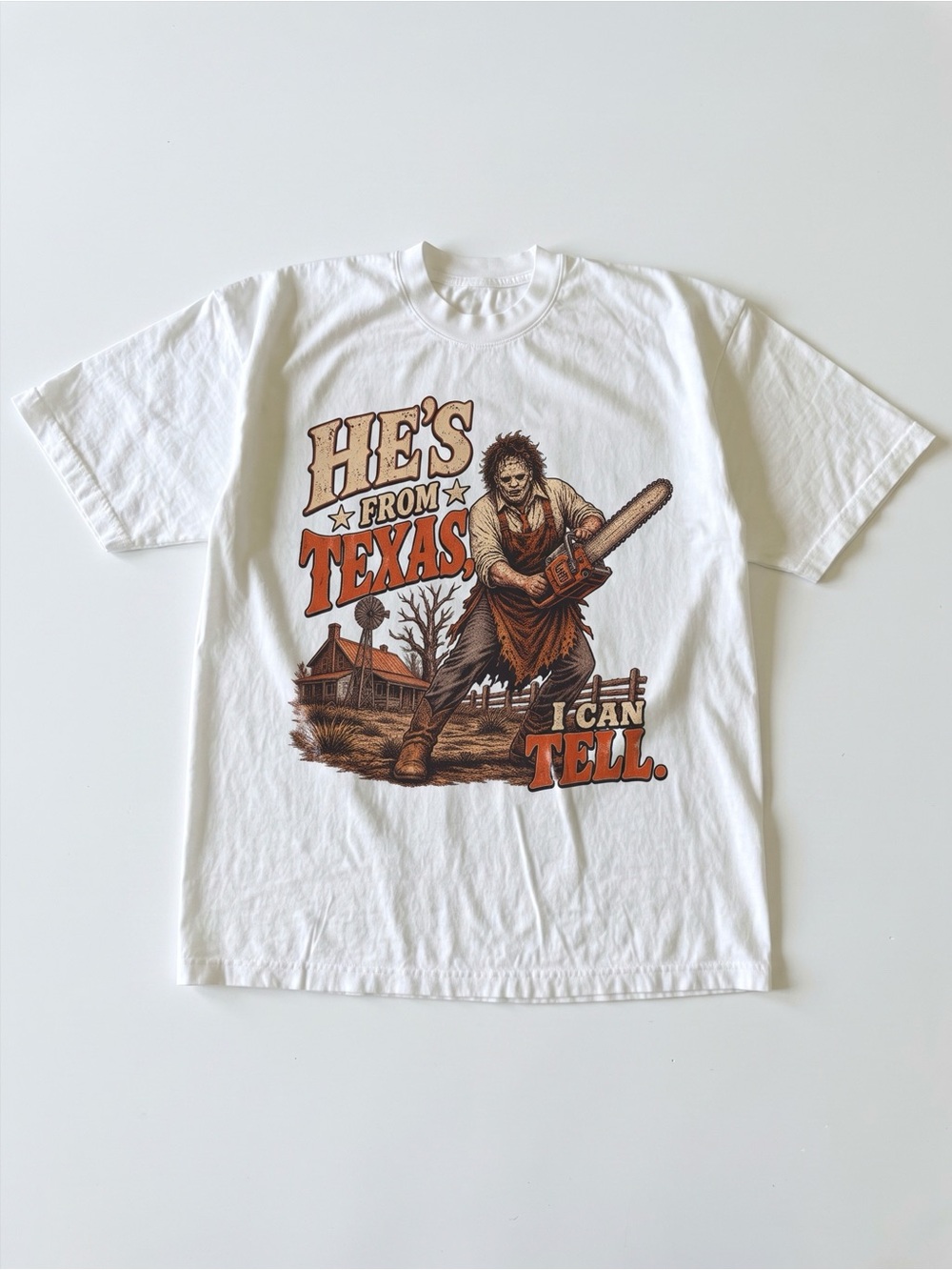 He's From Texas Slasher Unisex Graphic Tee Retro Horror Chainsaw
